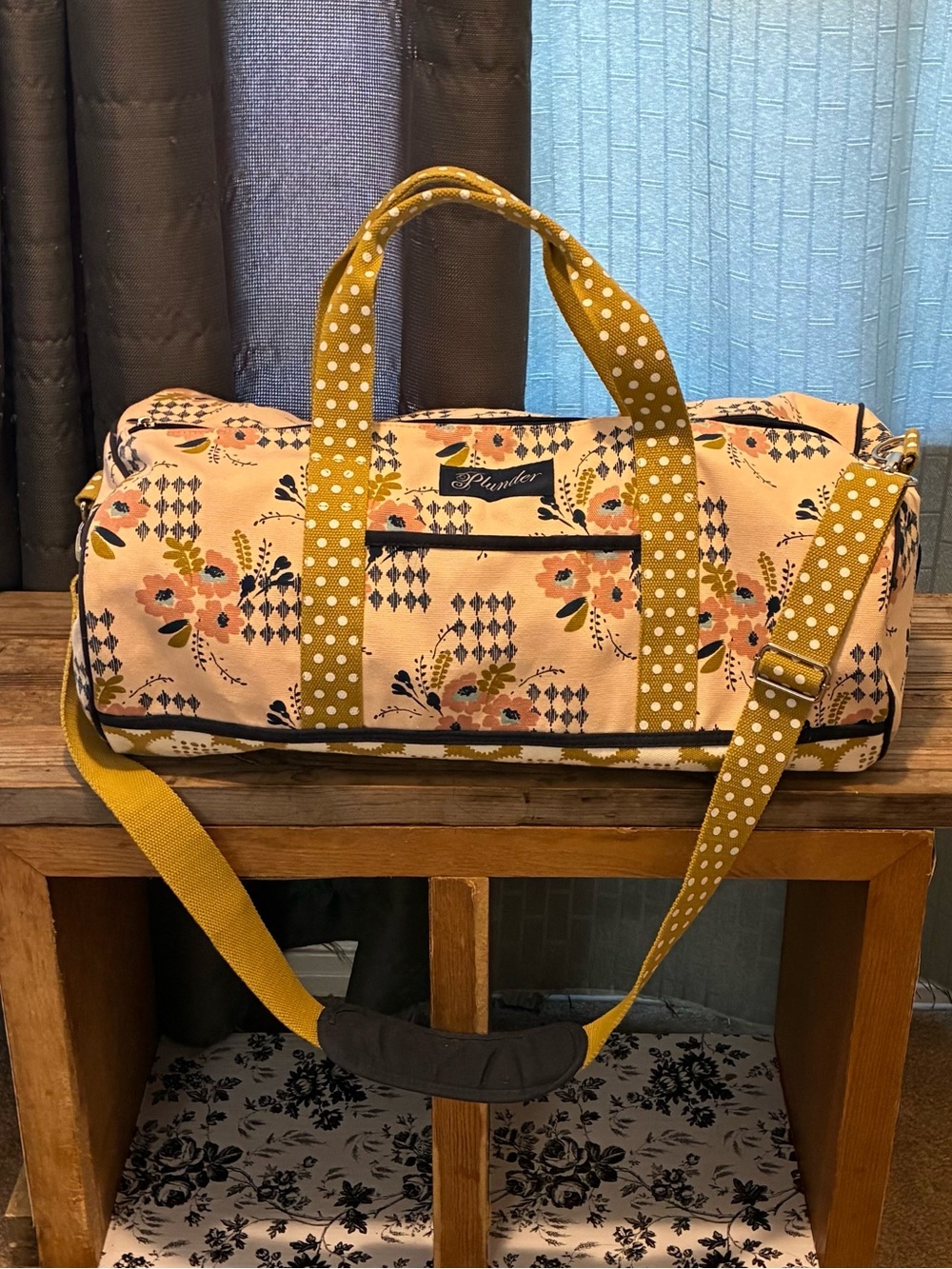 Plunder Pink Floral Duffel with Mustard Polka-Dot Straps